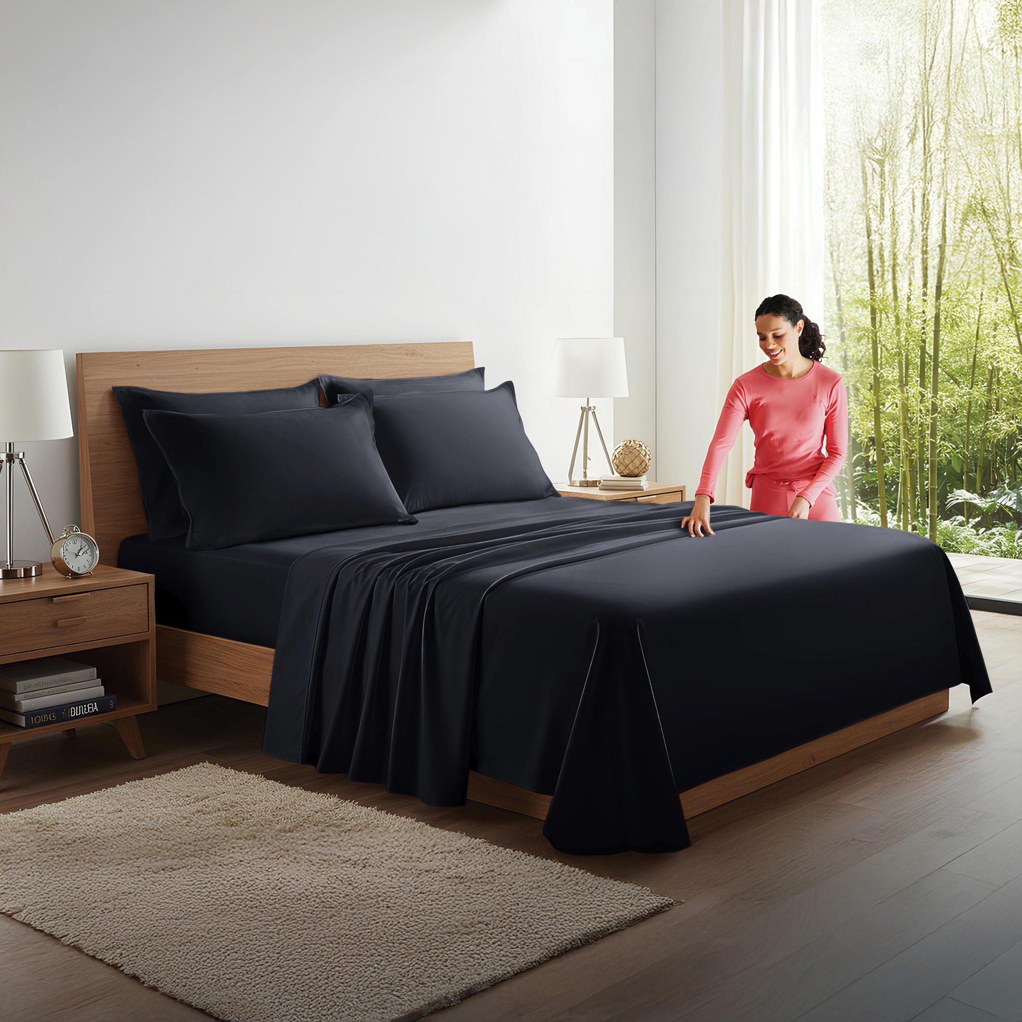 100% Organic Bamboo Viscose Sheets Set, 300 Thread Count, 4-pc Set, Luxury Cooling Sheets, Deep Pockets, King Size (Deep Black)