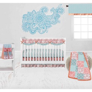 Bacati - Paisley Sophia Coral Aqua 6 pc Crib Bedding Set with Long Rail Guard Cover - 1 of 4