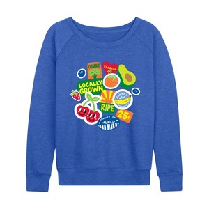 Women's - Instant Message - Fruit Stamps Lightweight French Terry Wide Neck Long Sleeve Graphic Shirt - 1 of 4