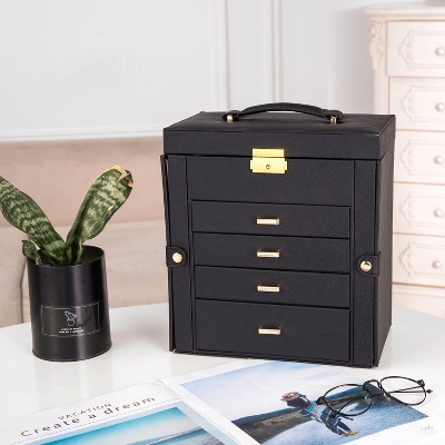 Gulches Synthetic Leather Huge Jewelry Box Mirrored Watch Organizer Necklace Ring Earring Storage Lockable Gift Case Black