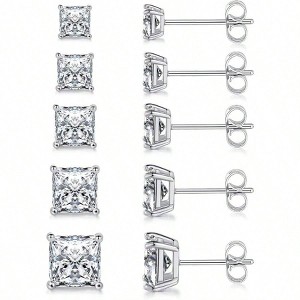 5-Pair Square CZ Stud Earrings - 18K White/Yellow/Rose Gold Plated, 3-7mm Princess Cut, Hypoallergenic - 1 of 4