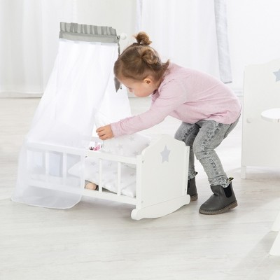 White and Gray Wooden Doll Cradle with Star Canopy