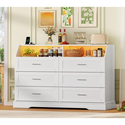 USIKEY White Dresser for Bedroom, 6 Drawer Dresser with Charging Station & LED Lights, Dressers & Chests of Drawers, Dresser TV Stand for Bedroom