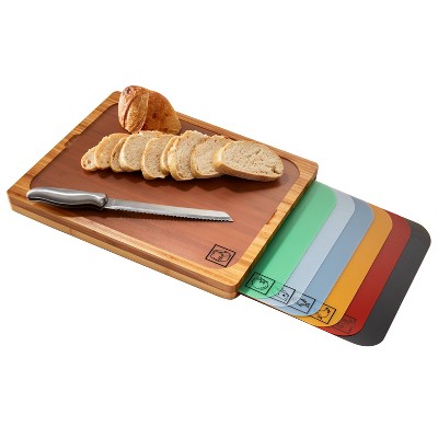 Bamboo Cutting Board with Color-Coded Flexible Mats Set