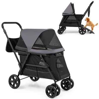 Tangkula Dog Stroller with Low Entry & Ramp Access w/ Lockable & Shock-Absorbing All-Terrain Wheels Folding Pet Travel Wagon for Small Medium Dogs