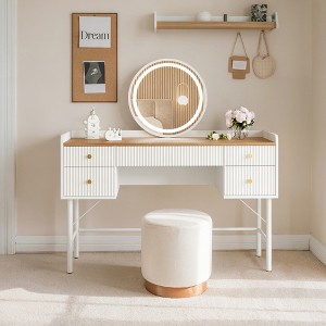 dressing table with metal legs ModernLuxe Makeup Vanity with LED Lights & Power Outlet, Vanity Table with Metal Legs & Chair, Dressing Table for Bedroom/Dressing Room, Retro Gray