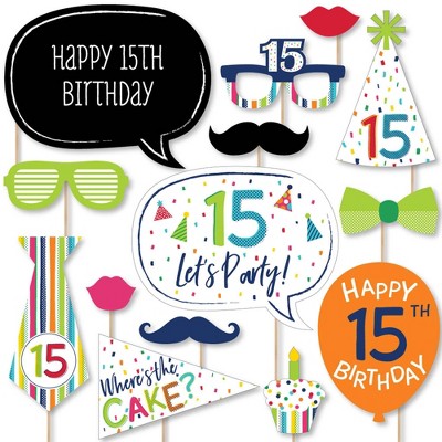 Big Dot of Happiness 15th Birthday - Cheerful Happy Birthday - Colorful Fifteenth Birthday Party Photo Booth Props Kit - 20 Count