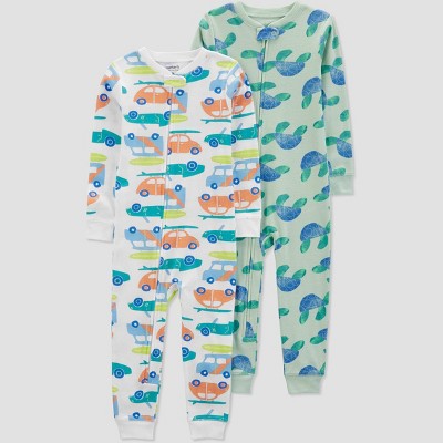 Image of Carter's Just One You®️ Toddler Boys' 2pk Cars and Turtles Snug Fit Footed Pajama - Blue/White 12M