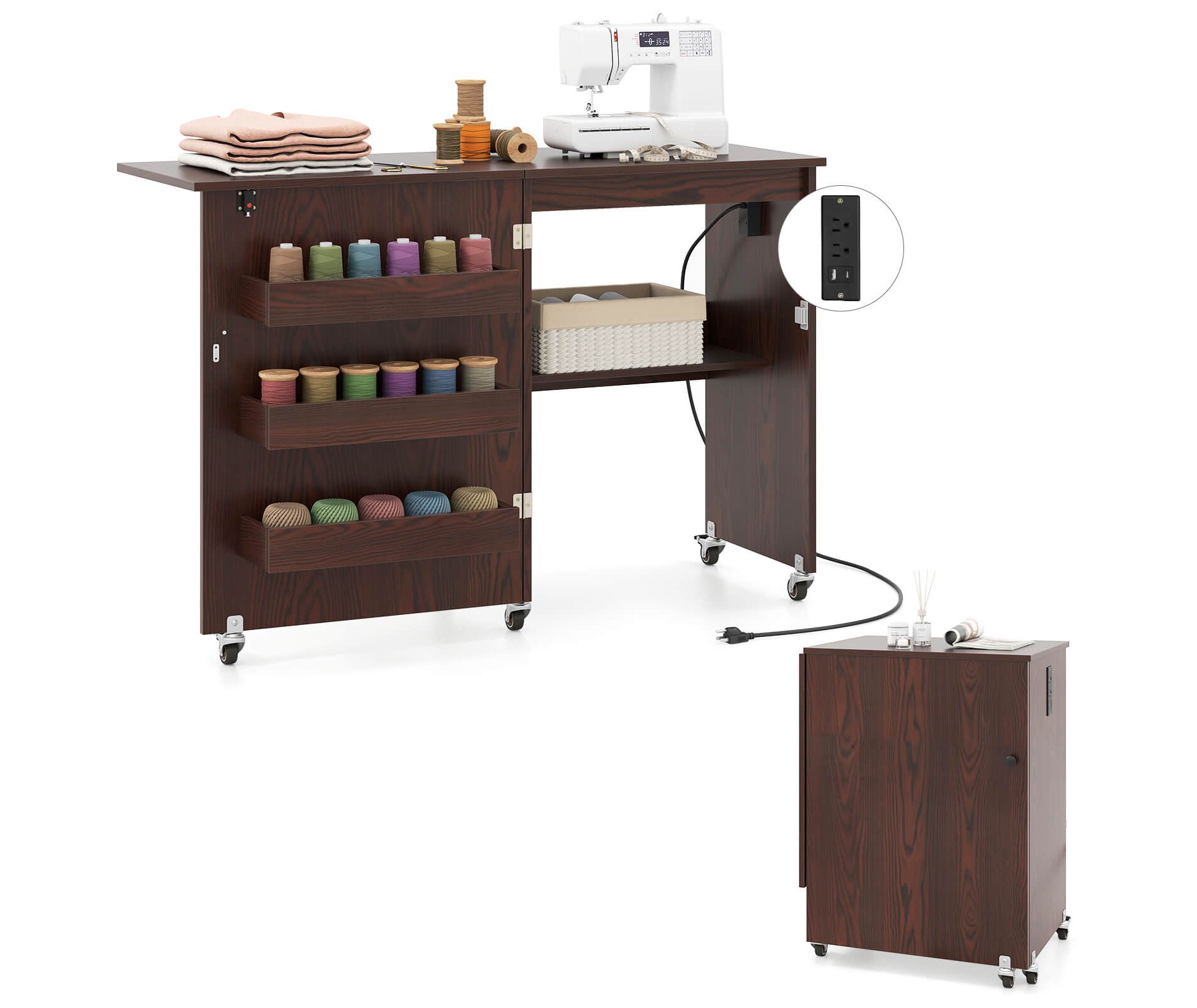 Costway Folding Sewing Machine Table Lockable Casters Rack with 3 Storage Bins & Power Outlets White/Natural/Brown/White+Natural