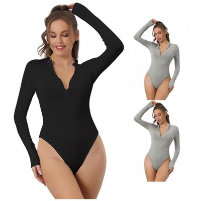 INSPIRE CHIC Women's Zip Front Casual Stand Neck Long Sleeve Slimming Going Out Body Shapers 3 Packs