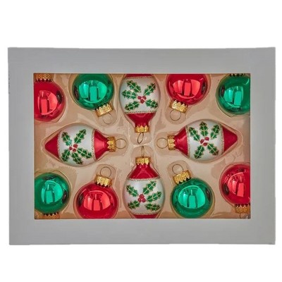 Kurt Adler Miniature Glass Ball and Finial Christmas Tree Ornament Set, Red and Green 1.5" (12-Count)