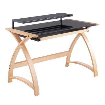 Vynxaria Mid-Century Modern Office Desk - Natural Wood & Black Tempered Glass Top, Built-in Hutch, Pull-out Drawer, Sturdy Wood Construction