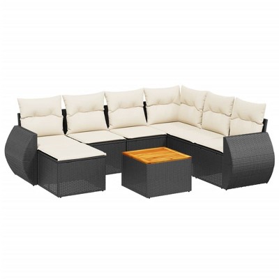 vidaXL 8 Piece Patio Sofa Set with Cushions Black and Cream Poly Rattan - Table + 3x Middle + Corner