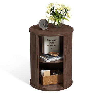 Fluted Round End Table for Living Room or Bedroom, Nightstand with Sliding Tambour Door