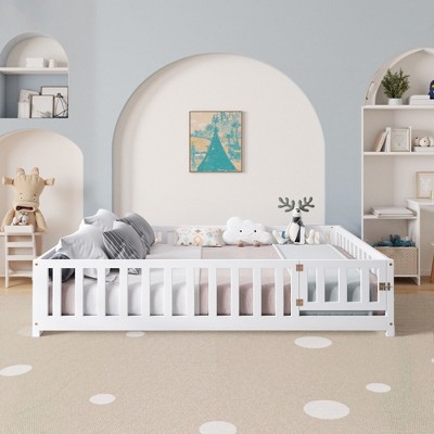NicBex Full Size Montessori Floor Bed for Kids,Toddler Bed Frame with Safety Guardrails&Doors,Slatted Floor Bed,Safe&Formaldehyde-Free