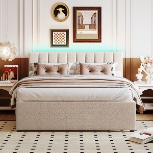 TiramisuBest Queen Upholstered Platform Bed with 2 Drawers & Dual USB Ports, Linen Fabric, Storage & Convenience, Beige - 1 of 4