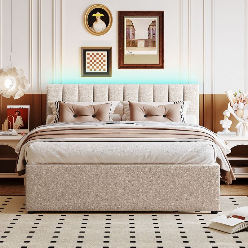 Queen/Full Size Teddy Fleece Upholstered Platform Bed with Trundle Bed and LED Lights-ModernLuxe, 2 of 14