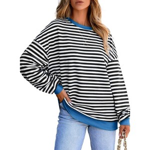 Clearlove Oversized Sweatshirt for Women 2025 Fall Crewneck Striped Long Sleeve Shirts Cute Top - 1 of 4