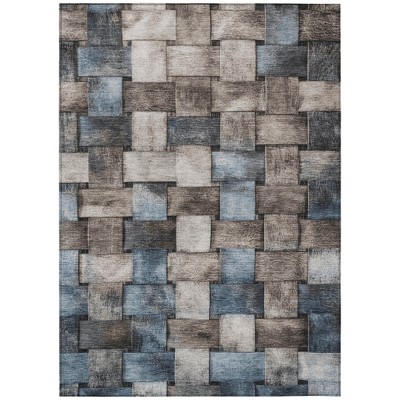 Taupe And Denim Blue Striped Washable Indoor Outdoor Area Rug