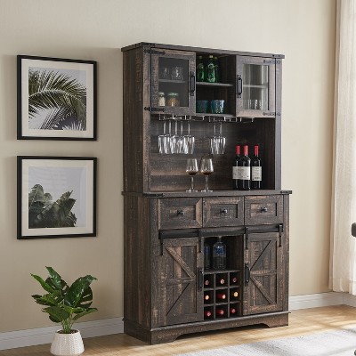OKD 72" Bar Cabinet with Sliding Barn Door, Large Kitchen Buffet with Hutch w/Wine & Glasses Rack, 3 Drawers, 12 Storage Shelves