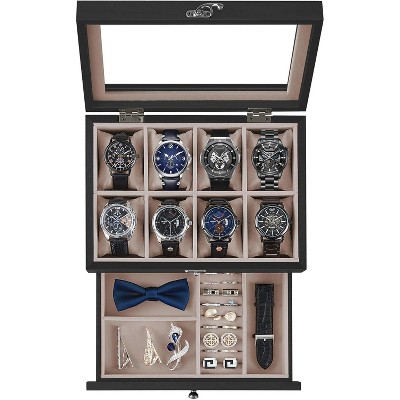 8-Slot Watch Box, 2-Tier Watch Display Case with Large Glass Lid, Removable Watch Pillows
