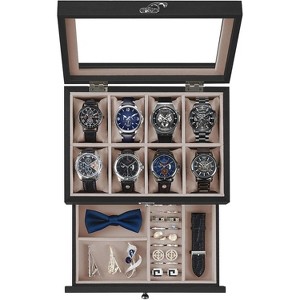 8-Slot Watch Box, 2-Tier Watch Display Case with Large Glass Lid, Removable Watch Pillows - 1 of 4