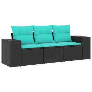 vidaXL 3 Piece Patio Sofa Set with Cushions Black Poly Rattan - Black and Blue Without Table - 1 of 4