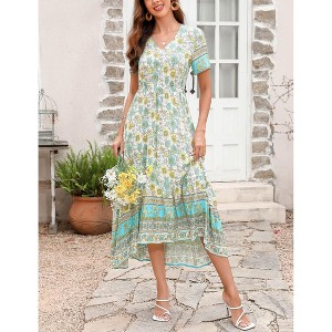 Coolmee Women's Boho  Dress High Waisted Beach Short Sleeve Dress Casual Floral V Neck Maxi Dress - 1 of 4