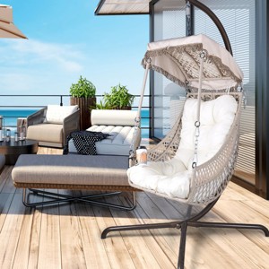 Outdoor Patio Cushion Swing Egg Chair,Indoor Bedroom Hanging Chair with Cup Holder and Stand,PE Wicker Rattan Balcony Hammock Chair-Coolbibila - 1 of 4