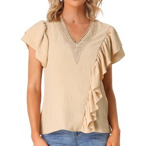 Allegra K Women's Ruffle Short Sleeve V Neck Casual Blouse - 1 of 4