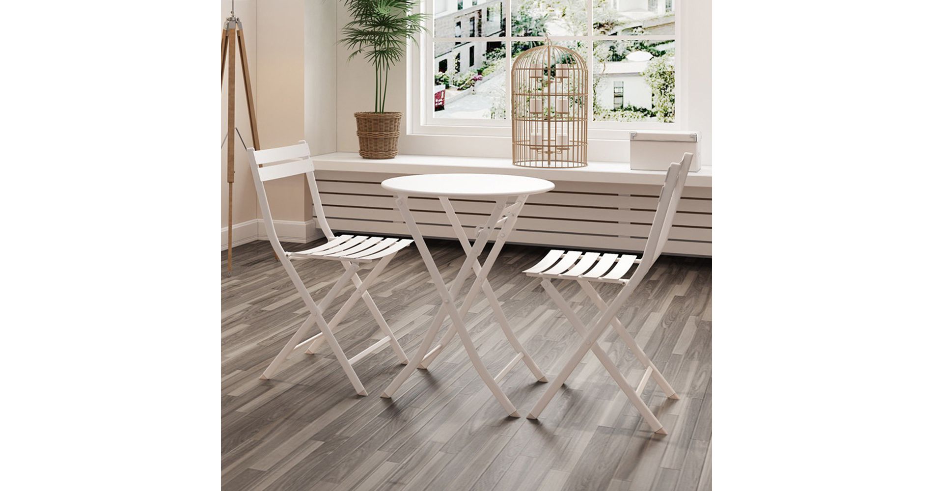 3 Piece Patio Bistro Set of Foldable Round Table and Chairs, White