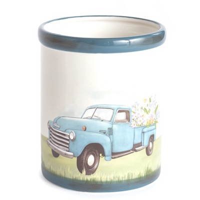 Lakeside Vintage Truck Utensil Crock with Spring Flowers - Knife, Silverware Holder