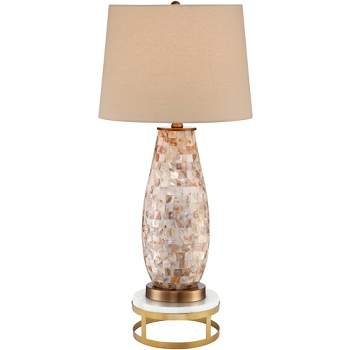 Regency Hill Kylie Modern Table Lamp with Brass Round Riser 30 1/4" Tall Mother of Pearl Beige Drum Shade for Bedroom Living Room Bedside Nightstand