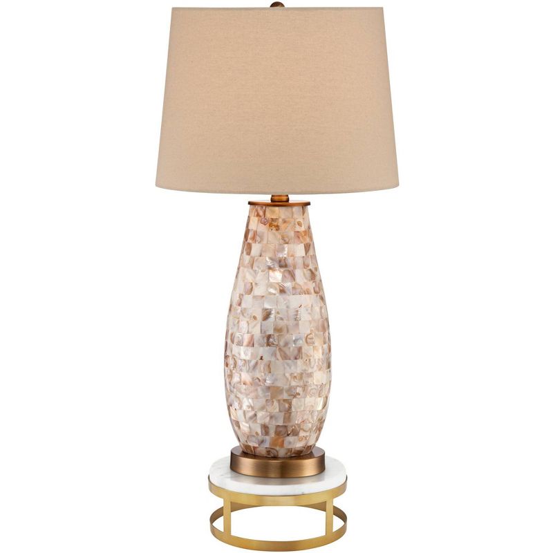 Regency Hill Kylie Modern Table Lamp with Brass Round Riser 30 1/4" Tall Mother of Pearl Beige Drum Shade for Bedroom Living Room Bedside Nightstand, 1 of 6
