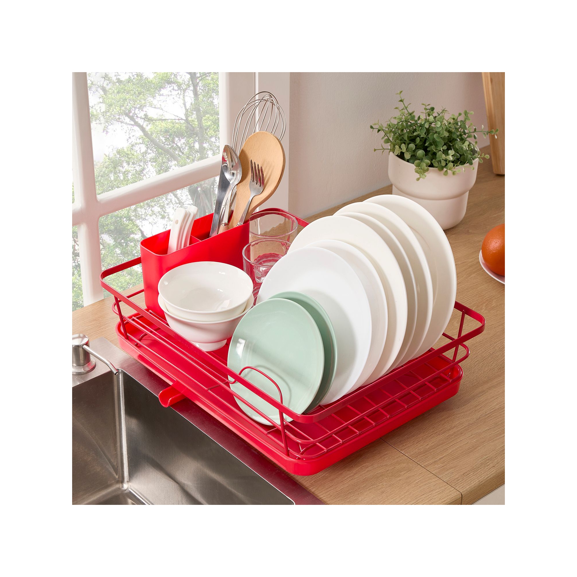 3-Piece Multi-Functional Dish Drying Rack with Drain Board & Utensil Holder - Red