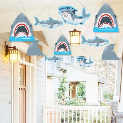 Big Dot of Happiness Hanging Shark Zone - Outdoor Jawsome Shark Viewing Week Party or Birthday Party Hanging Porch & Tree Yard Decorations - 10 Pieces