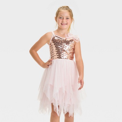 Image of Zenzi Girls' Satin Strap Sequin Bodice Tulle Skirt Dress - Rose Gold L