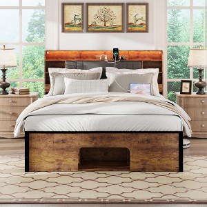 Queen Size Bed Frame with Upholstered Headboard and Charging Station - 1 of 4