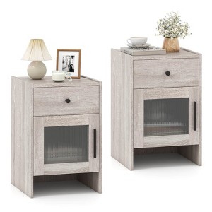 Costway 1/2 PCS Farmhouse Nightstand Fluted Bed Side Table with Large Drawer & Enclosed Cabinet - 1 of 4