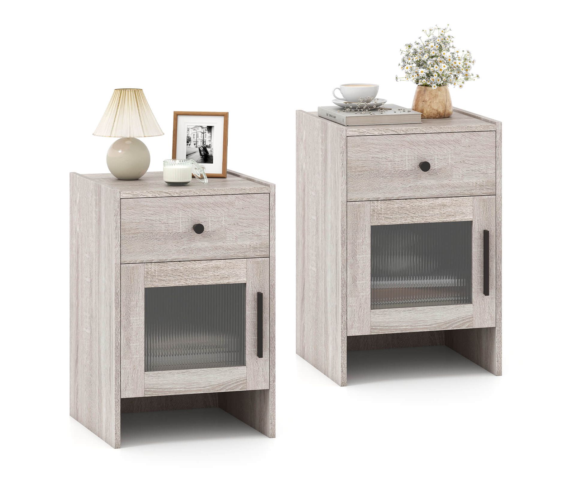 Costway 1/2 PCS Farmhouse Nightstand Fluted Bed Side Table with Large Drawer & Enclosed Cabinet