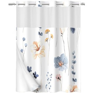 Aoibox No Hook Shower Curtain with Snap in Liner - Watercolor Floral Design, Fabric Waterproof Inner Liner, Plants Blue Beige Flowers White Cloth - 1 of 4