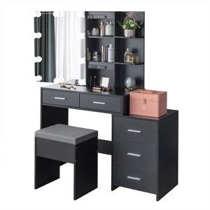 Black Linen Particleboard with Triclosan 5 Drawers 2 Shelves Sliding Door Mirror Cabinet with Tri-color Dimmable Bulb Lamp Dressing Table Set - 1 of 4