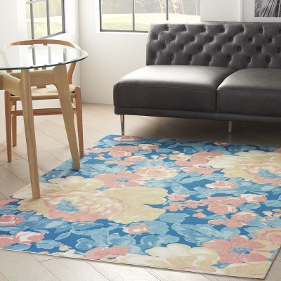 Blue Floral Rectangular Synthetic Indoor/Outdoor Rug