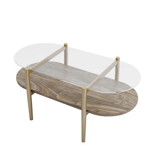 Gulches Gold Walnut Finish Oval Glass Indoor Coffee Table 2-Tier with Wood Shelf Conical Legs 41x21x17 Inch Mid-Century Modern - 1 of 4