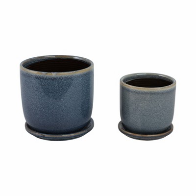 Sagebrook Home 2pc Ceramic Indoor Outdoor Planter Pots with Saucers Aqua: Hand-Painted, Rust-Resistant, Freestanding Set