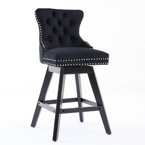 PDTEND Swivel Velvet Bar Stools with Button Tufted Decoration and Wooden Legs, Chrome Nailhead Trim Set of 2 - 1 of 4