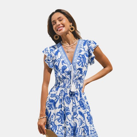 Женские платья Cupshe Women's Floral Print Ruffle Sleeve Smocked Dress-S-Blue