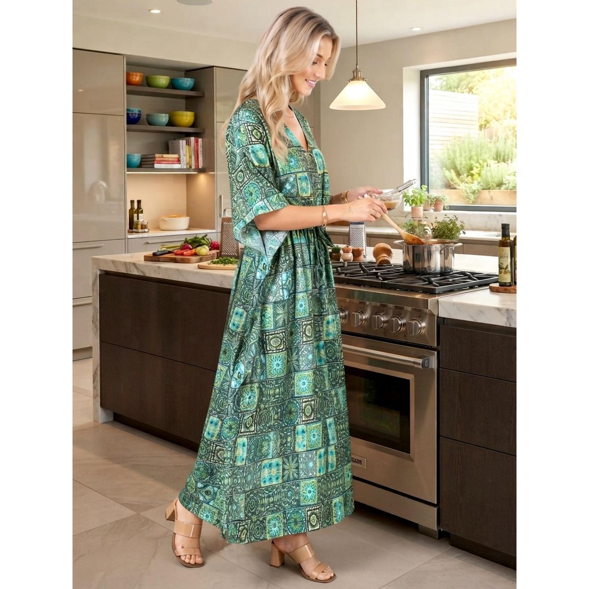 LA LEELA Summer Rayon Blend Vacation Ready Caftan for Women Resortwear Holiday Cruise Pregnancy Wear Maxi Dress 2X-3X Green Floral - thumbnail 4