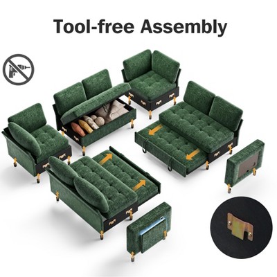 Tool-free assembly diagram showing sofa components