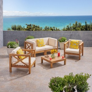 Christopher Knight Home Brava Outdoor Acacia Wood 4 Seater Chat Set with Cushions - 1 of 4